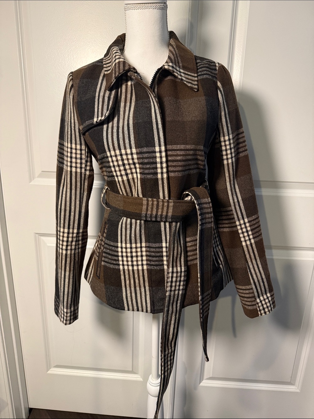 Jack Brand Plaid Belted Wool-Blend Jacket - Brown Plaid Size Small